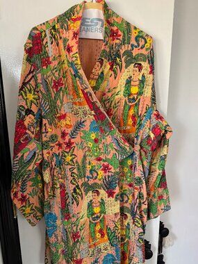 Orange Kantha Dressing Gown Coat Frida Kahlo Medium Large